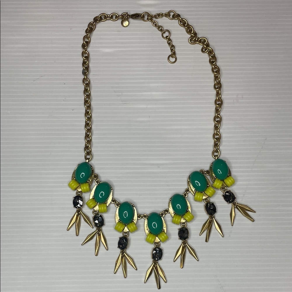 J CREW statement necklace/ green and yellow beads/ smoky gray rhinestones